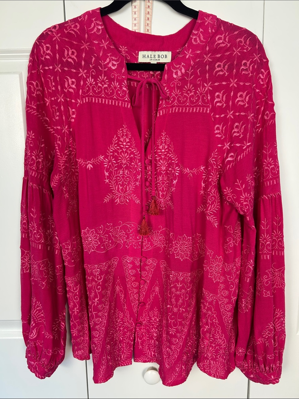Hale Bob Fuchsia Embroidered Peasant Tunic with Tassel Ties Size XL